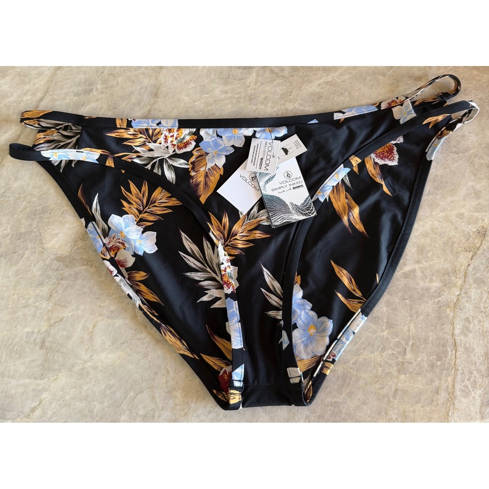 Volcom Simply Inked Tropakill Hipster Bikini Bottoms Floral Black 14W NEW